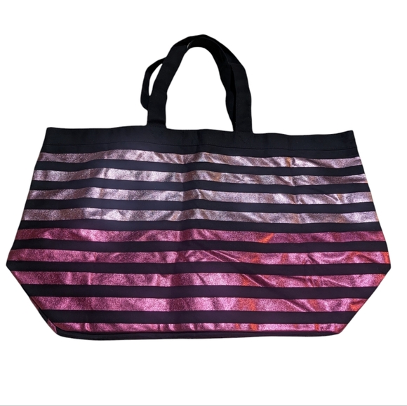 VS Large Canvas Striped Tote Bag Metallic Pink Ombre Beach Travel Weekender - Picture 3 of 7